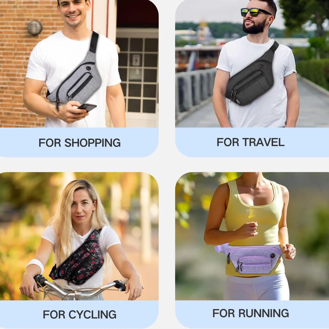 Fanny Pack,VASCHY 4 Zipped Sleeves Belt Waist Bum Hip Bag Pouch Pack for Women W 60in Extra Long Strap Purple