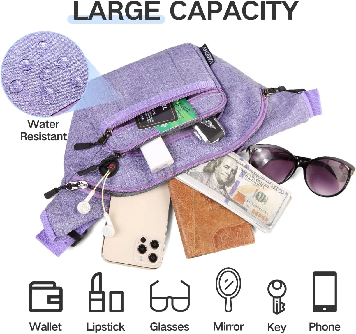 Fanny Pack,VASCHY 4 Zipped Sleeves Belt Waist Bum Hip Bag Pouch Pack for Women W 60in Extra Long Strap Purple
