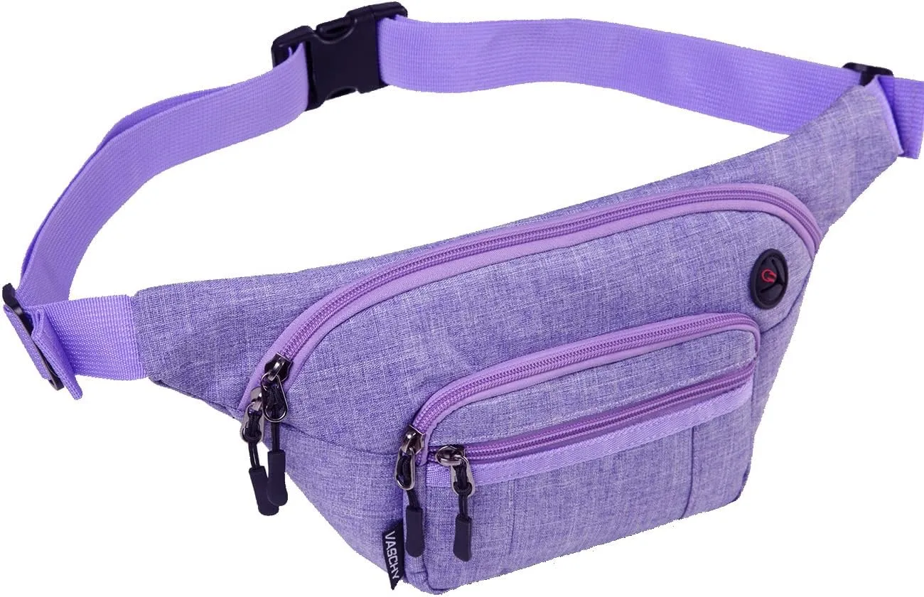 Fanny Pack,VASCHY 4 Zipped Sleeves Belt Waist Bum Hip Bag Pouch Pack for Women W 60in Extra Long Strap Purple