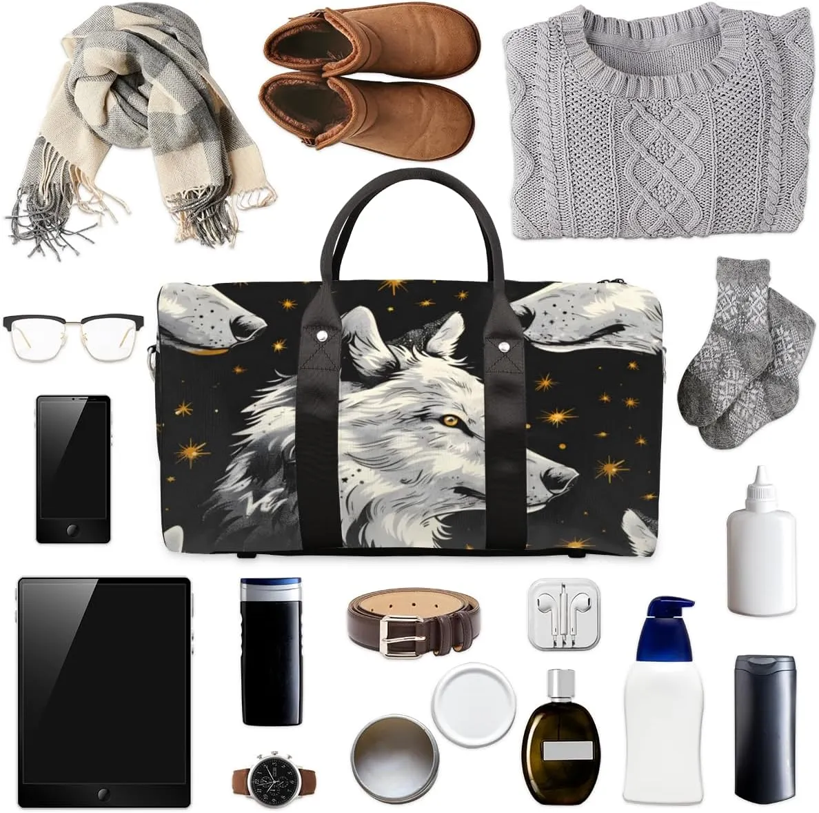 Fantasy Wolves Travel Duffle Bag for Women Men Gym Duffel Foldable Bag Waterproof Weekender Night Forest Duffle Tote