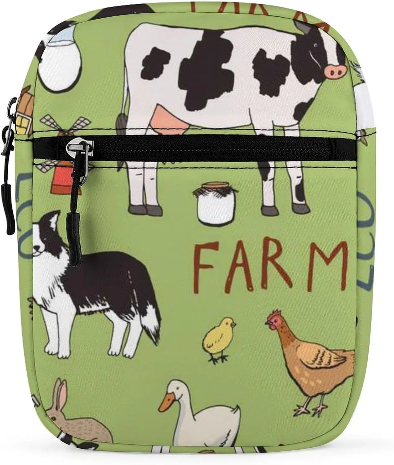 Farm Rooster Milk Cow Donkey Pig Sheep Cat Dog Rabbit on Green Adjustable Fanny Waist Pack Pouch, Waterproof Crossbody Runners Bag Wallet for Gym Hiking Fitness Women Men 6.1 x 2.2 x 7.9 inch