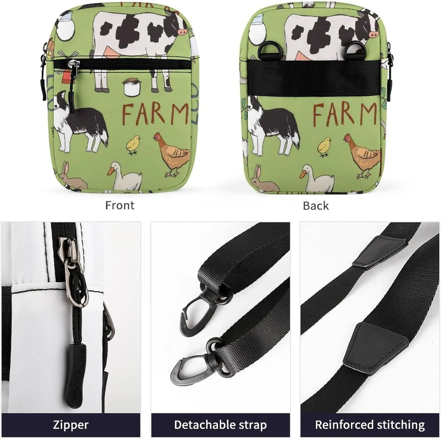 Farm Rooster Milk Cow Donkey Pig Sheep Cat Dog Rabbit on Green Adjustable Fanny Waist Pack Pouch, Waterproof Crossbody Runners Bag Wallet for Gym Hiking Fitness Women Men 6.1 x 2.2 x 7.9 inch