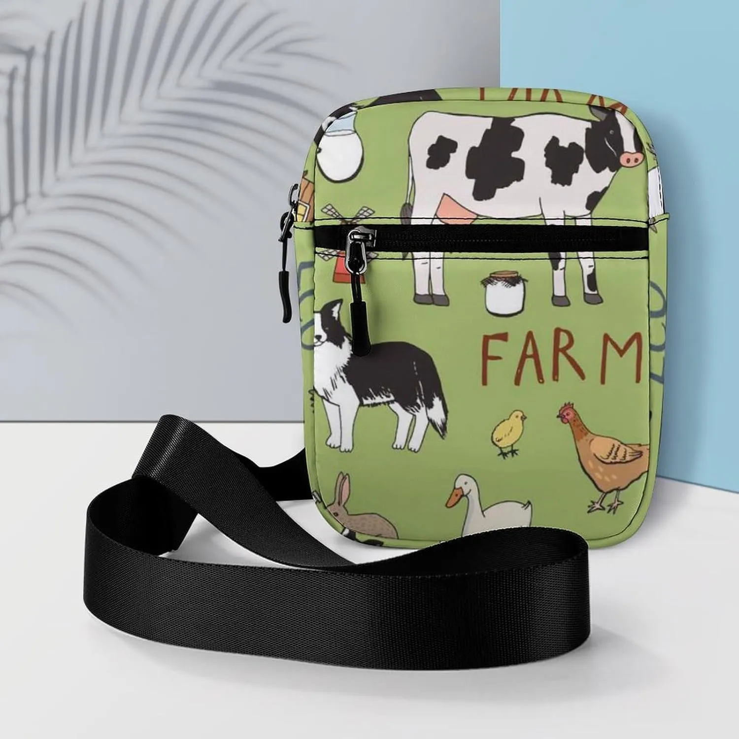 Farm Rooster Milk Cow Donkey Pig Sheep Cat Dog Rabbit on Green Adjustable Fanny Waist Pack Pouch, Waterproof Crossbody Runners Bag Wallet for Gym Hiking Fitness Women Men 6.1 x 2.2 x 7.9 inch