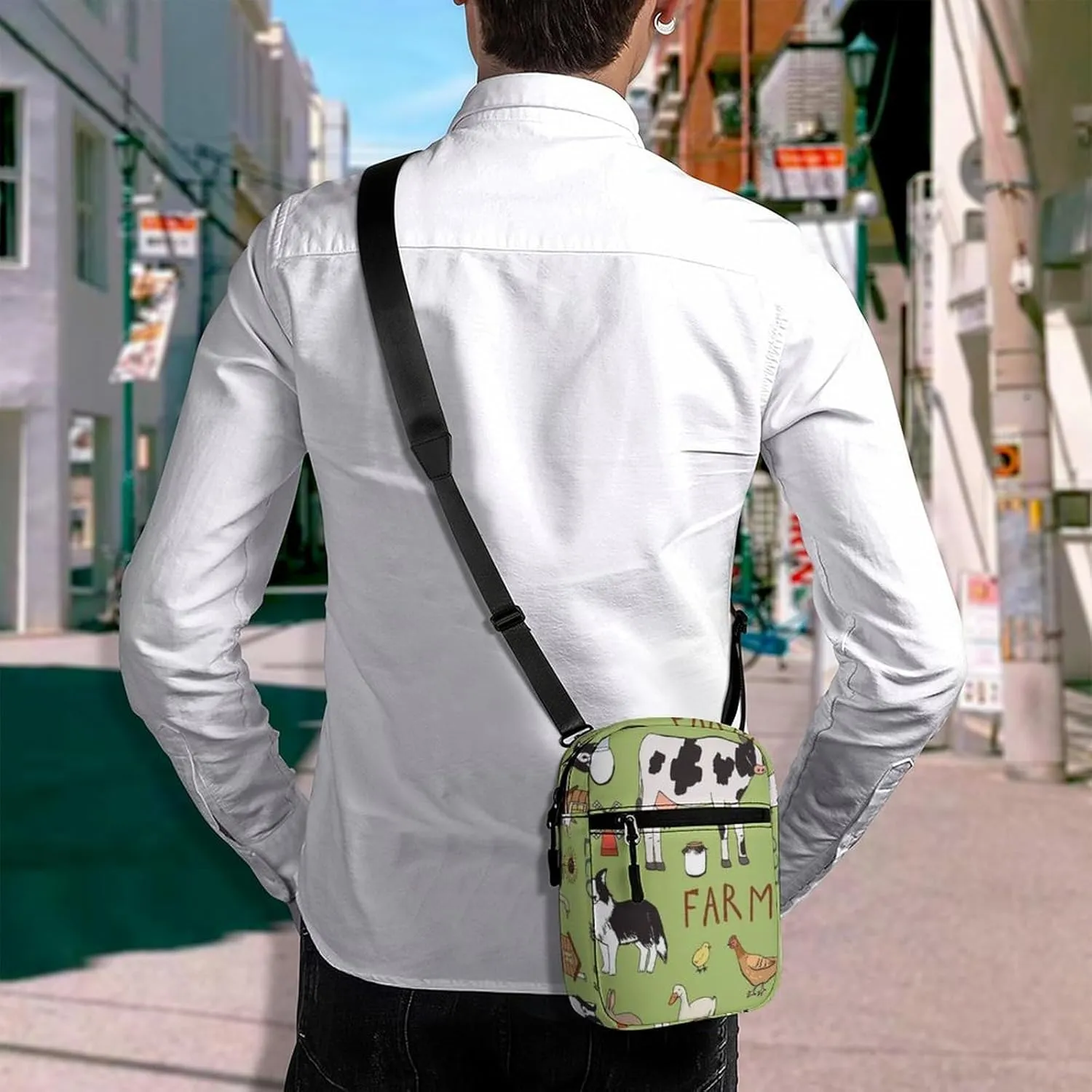 Farm Rooster Milk Cow Donkey Pig Sheep Cat Dog Rabbit on Green Adjustable Fanny Waist Pack Pouch, Waterproof Crossbody Runners Bag Wallet for Gym Hiking Fitness Women Men 6.1 x 2.2 x 7.9 inch