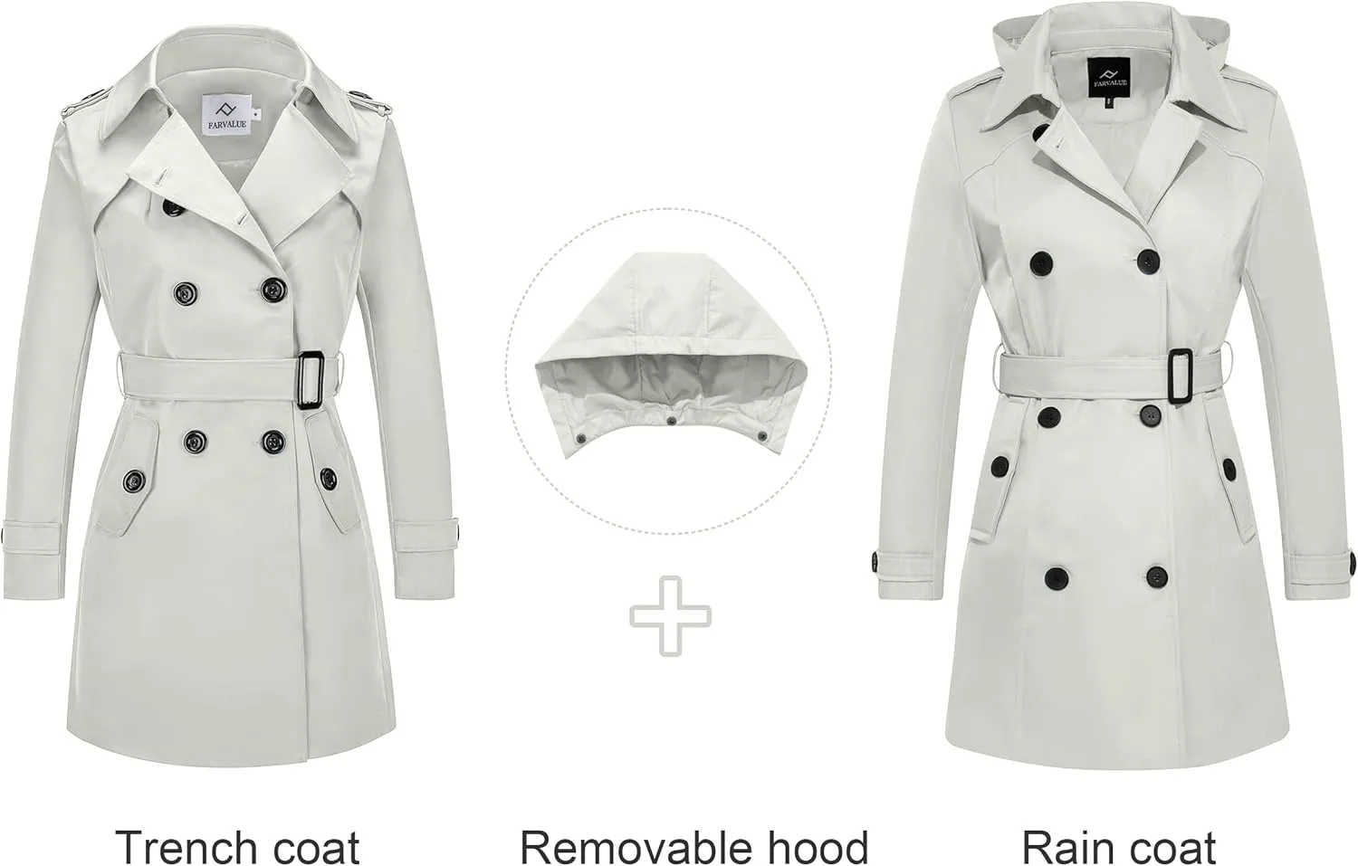 FARVALUE Women's Waterproof Trench Coat Double Breasted Windbreaker Classic Belted Lapel Overcoat with Removable Hood