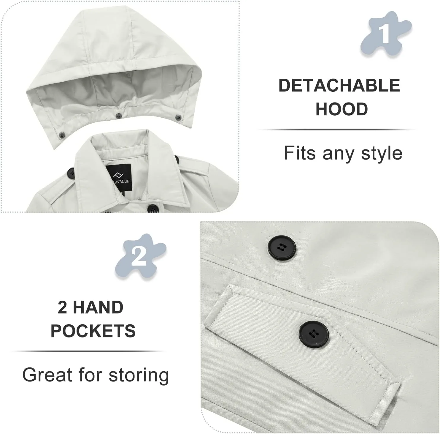 FARVALUE Women's Waterproof Trench Coat Double Breasted Windbreaker Classic Belted Lapel Overcoat with Removable Hood