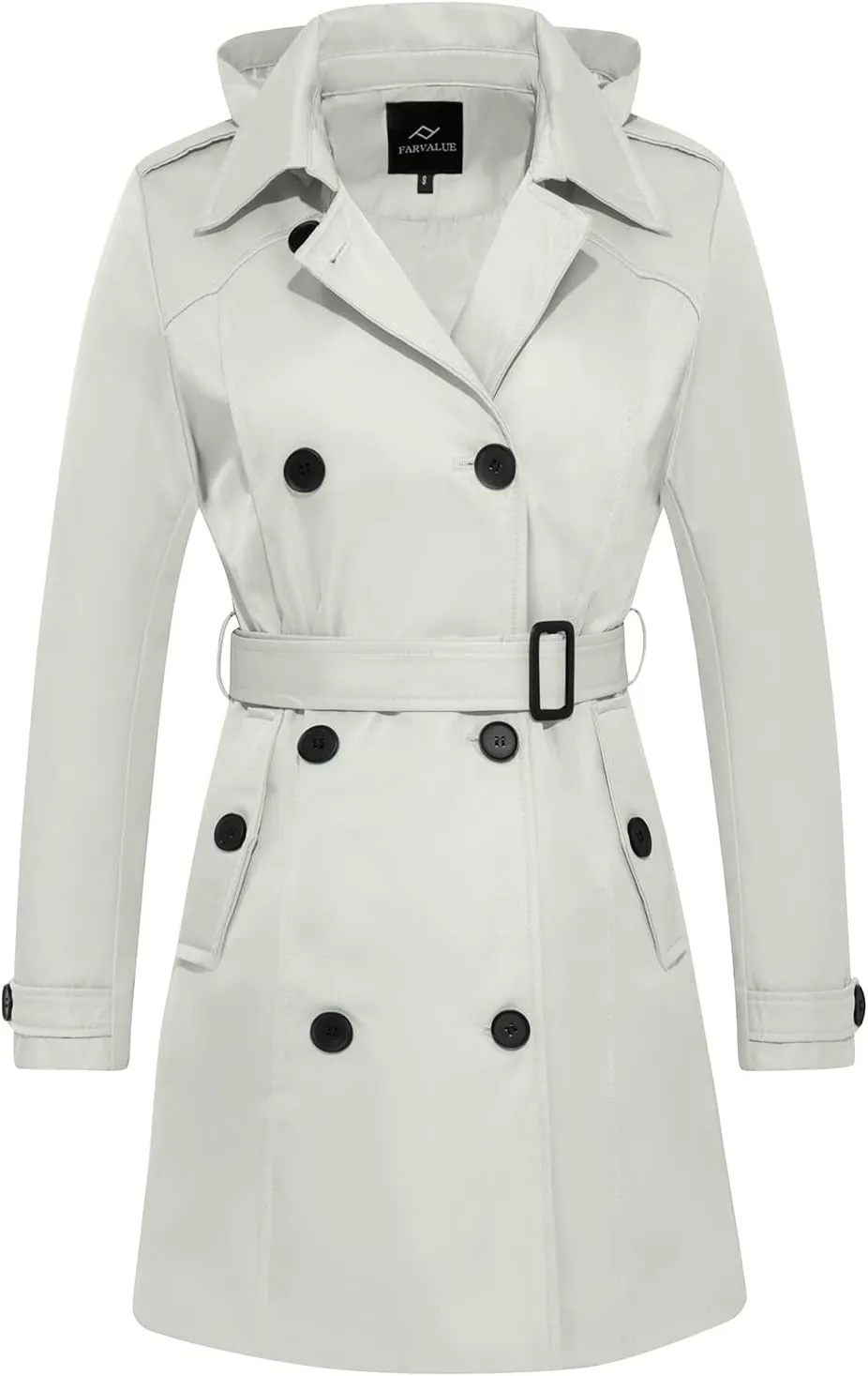 FARVALUE Women's Waterproof Trench Coat Double Breasted Windbreaker Classic Belted Lapel Overcoat with Removable Hood