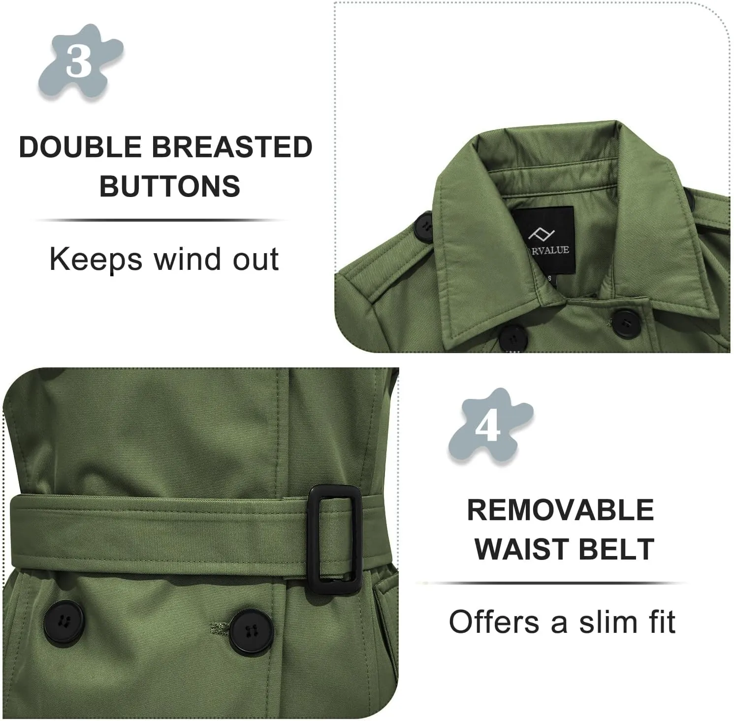 FARVALUE Women's Waterproof Trench Coat Double Breasted Windbreaker Classic Belted Lapel Overcoat with Removable Hood