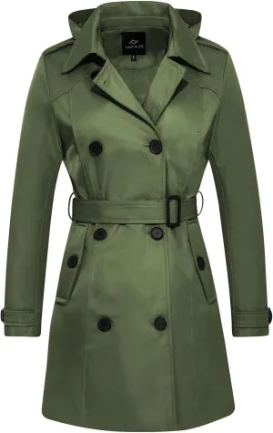 FARVALUE Women's Waterproof Trench Coat Double Breasted Windbreaker Classic Belted Lapel Overcoat with Removable Hood