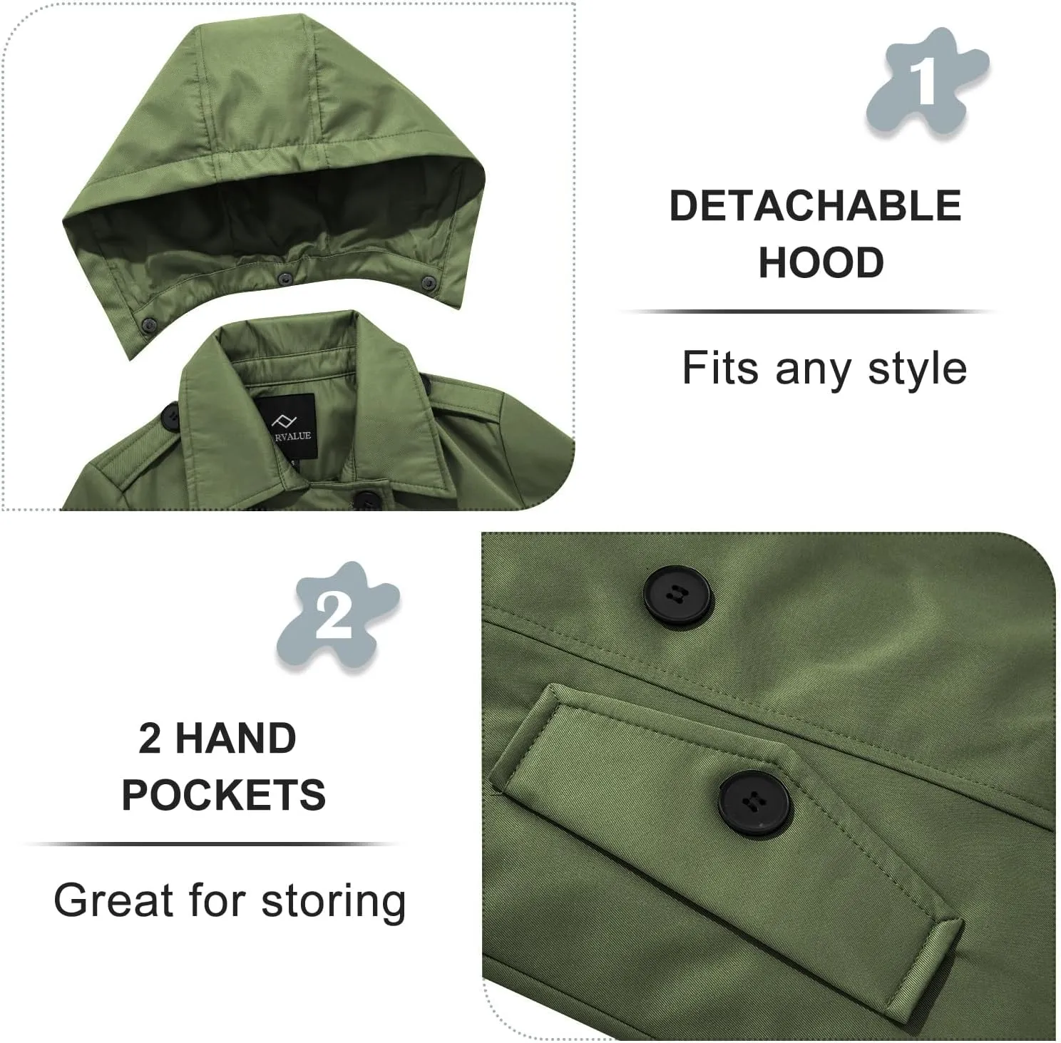 FARVALUE Women's Waterproof Trench Coat Double Breasted Windbreaker Classic Belted Lapel Overcoat with Removable Hood