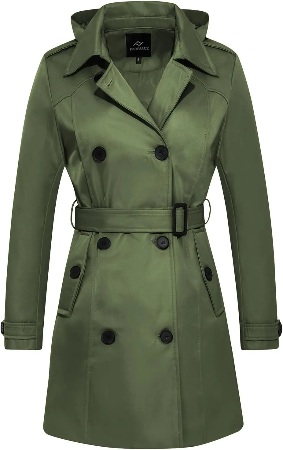 FARVALUE Women's Waterproof Trench Coat Double Breasted Windbreaker Classic Belted Lapel Overcoat with Removable Hood