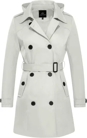 FARVALUE Women's Waterproof Trench Coat Double Breasted Windbreaker Classic Belted Lapel Overcoat with Removable Hood