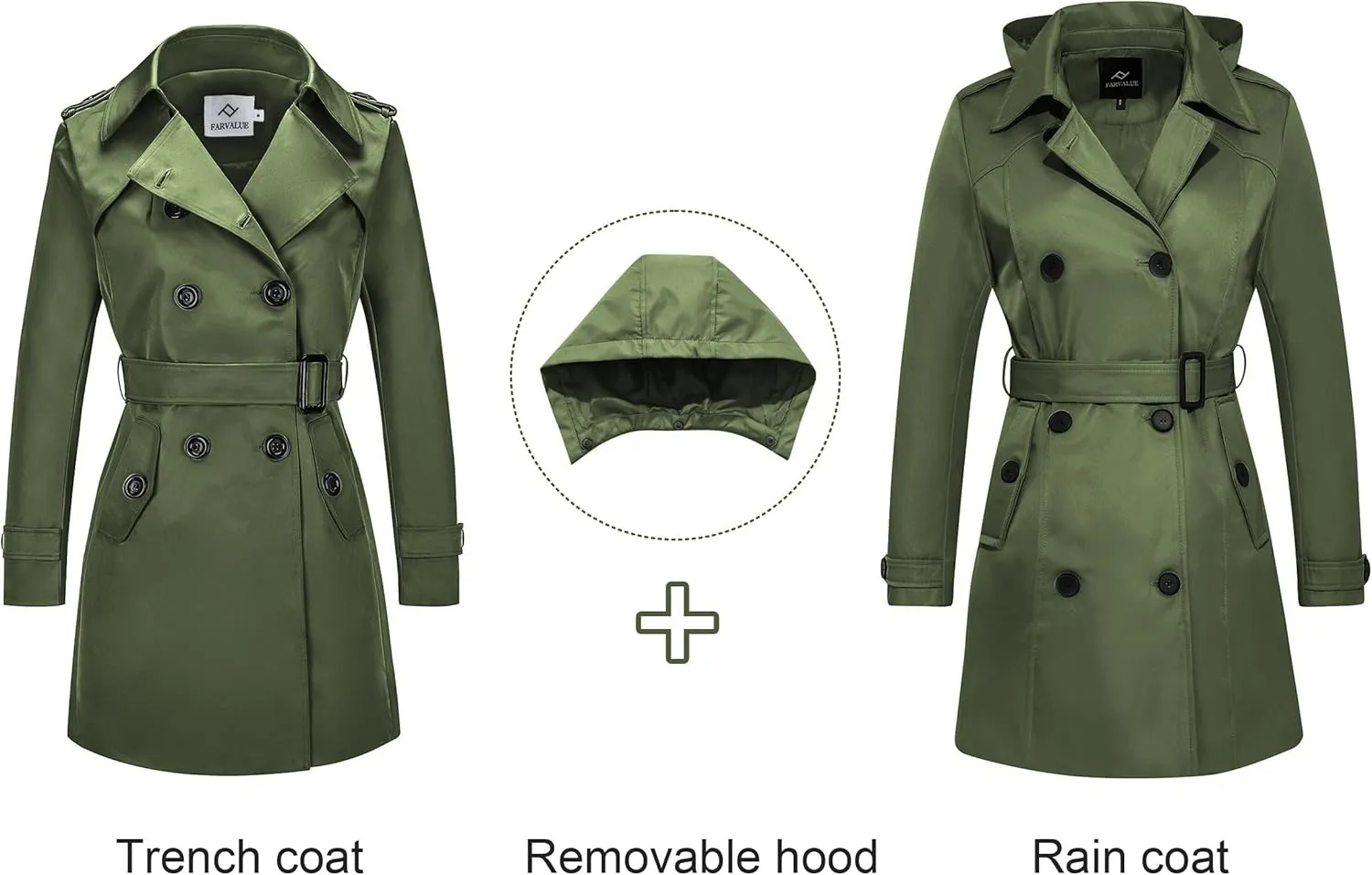 FARVALUE Women's Waterproof Trench Coat Double Breasted Windbreaker Classic Belted Lapel Overcoat with Removable Hood