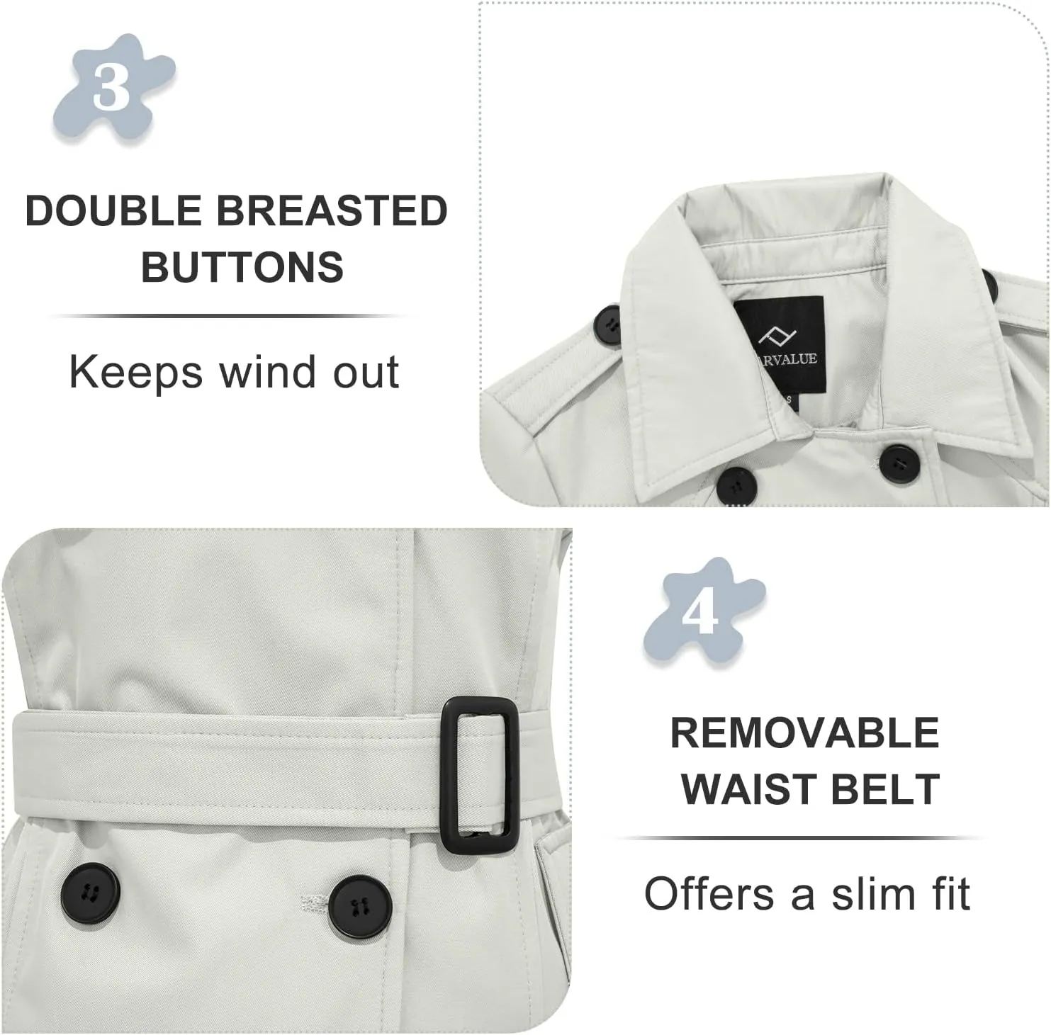 FARVALUE Women's Waterproof Trench Coat Double Breasted Windbreaker Classic Belted Lapel Overcoat with Removable Hood
