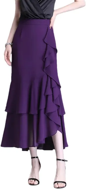 Fashion Irregular Chiffon Skirts Elegant High Waist Summer Women Ruffles Party Long Skirts