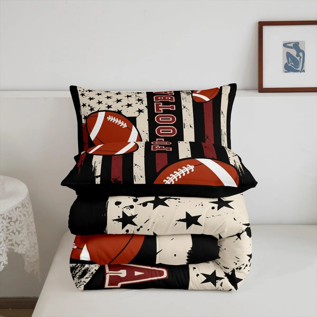 Feelyou Football Bedding Set Twin Size Rugby Gaming Sports Comforter Set for Kids Boys Girls Teens Toddler American Flag Duvet Set Black Red Quilt Set 2Pcs