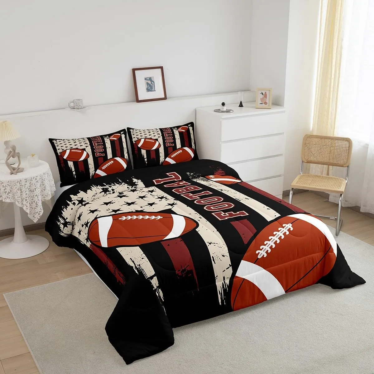 Feelyou Football Bedding Set Twin Size Rugby Gaming Sports Comforter Set for Kids Boys Girls Teens Toddler American Flag Duvet Set Black Red Quilt Set 2Pcs