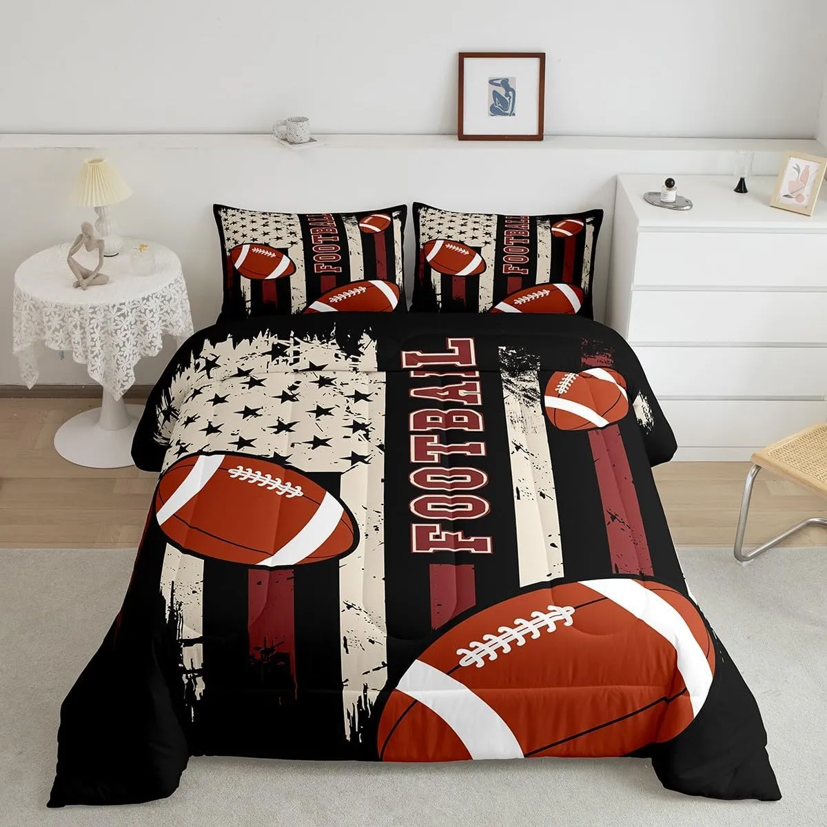 Feelyou Football Bedding Set Twin Size Rugby Gaming Sports Comforter Set for Kids Boys Girls Teens Toddler American Flag Duvet Set Black Red Quilt Set 2Pcs
