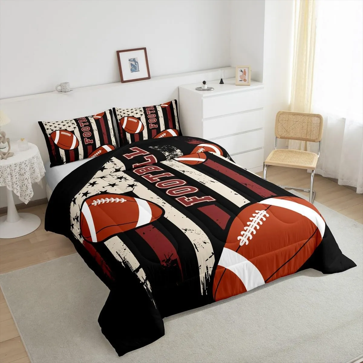 Feelyou Football Bedding Set Twin Size Rugby Gaming Sports Comforter Set for Kids Boys Girls Teens Toddler American Flag Duvet Set Black Red Quilt Set 2Pcs
