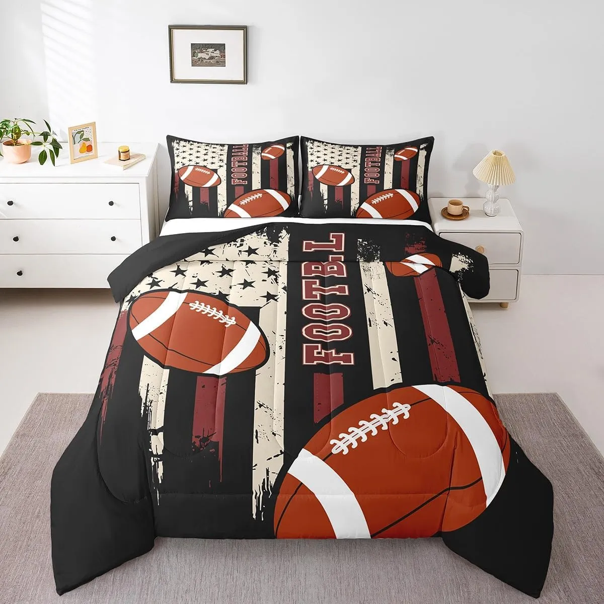 Feelyou Football Bedding Set Twin Size Rugby Gaming Sports Comforter Set for Kids Boys Girls Teens Toddler American Flag Duvet Set Black Red Quilt Set 2Pcs
