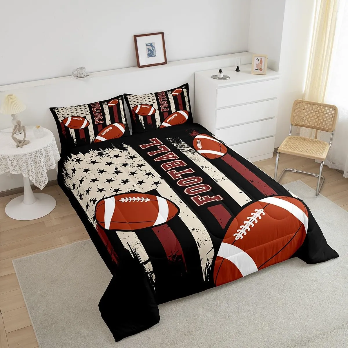 Feelyou Football Bedding Set Twin Size Rugby Gaming Sports Comforter Set for Kids Boys Girls Teens Toddler American Flag Duvet Set Black Red Quilt Set 2Pcs