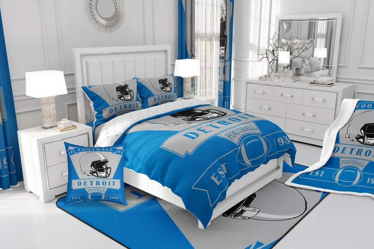 Feelyou Football Comforter Set,American Football City Detroit Bedding Set Twin Size for Boys Girls,Football Fans Gifts Comforter,Blue Grey Quilt Set