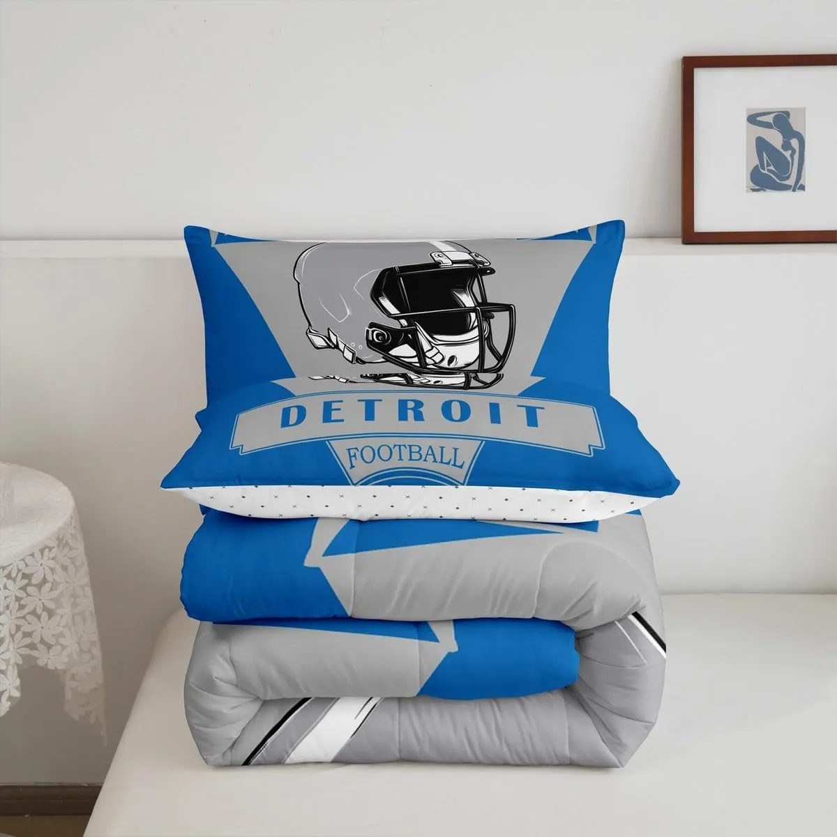 Feelyou Football Comforter Set,American Football City Detroit Bedding Set Twin Size for Boys Girls,Football Fans Gifts Comforter,Blue Grey Quilt Set