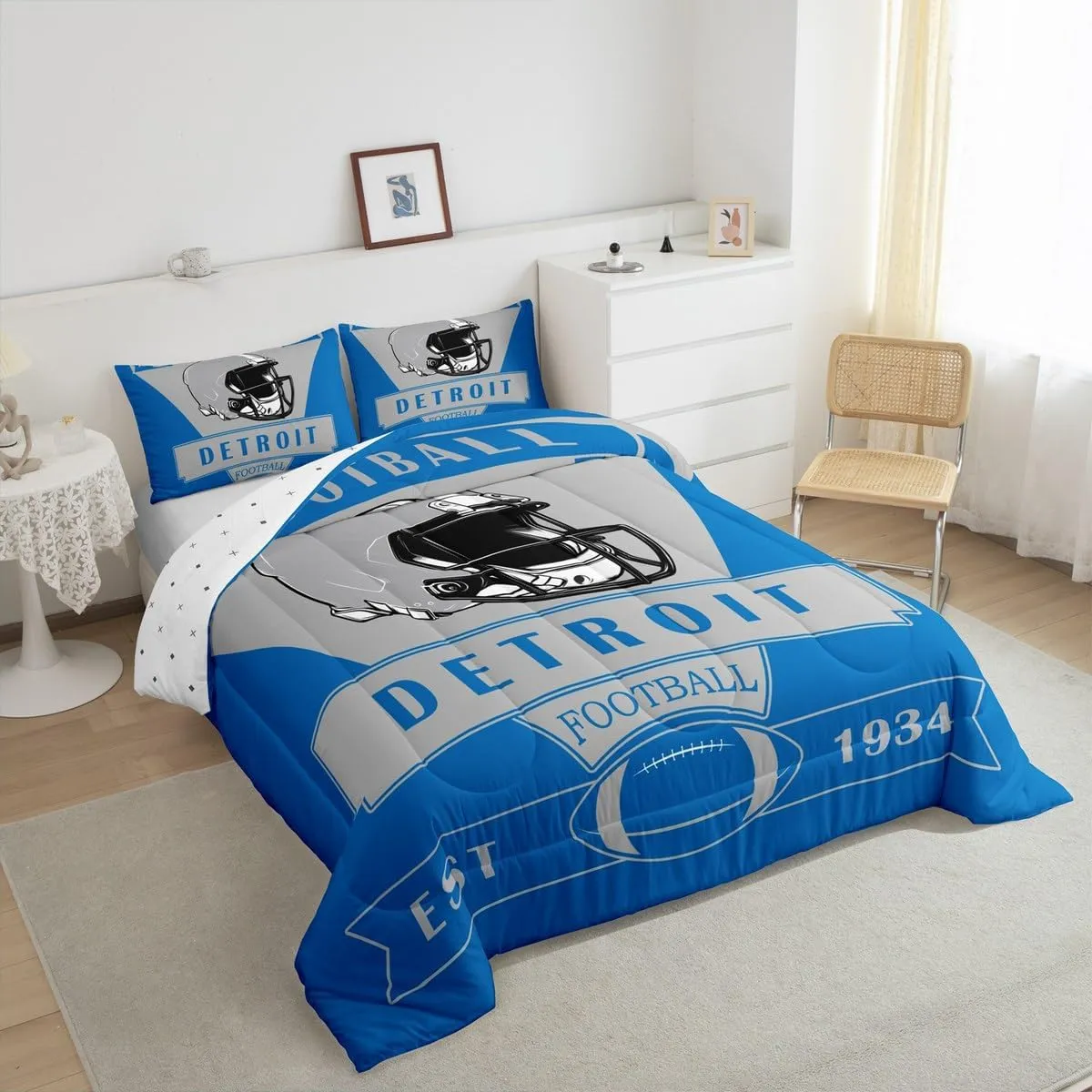 Feelyou Football Comforter Set,American Football City Detroit Bedding Set Twin Size for Boys Girls,Football Fans Gifts Comforter,Blue Grey Quilt Set