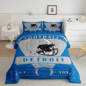 Feelyou Football Comforter Set,American Football City Detroit Bedding Set Twin Size for Boys Girls,Football Fans Gifts Comforter,Blue Grey Quilt Set