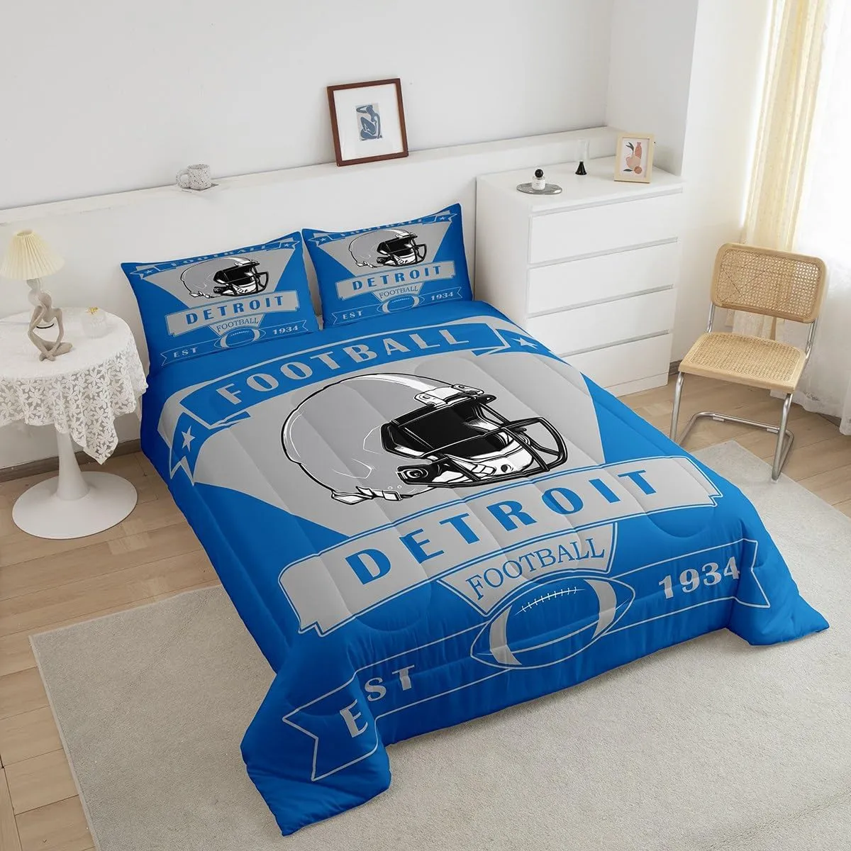 Feelyou Football Comforter Set,American Football City Detroit Bedding Set Twin Size for Boys Girls,Football Fans Gifts Comforter,Blue Grey Quilt Set