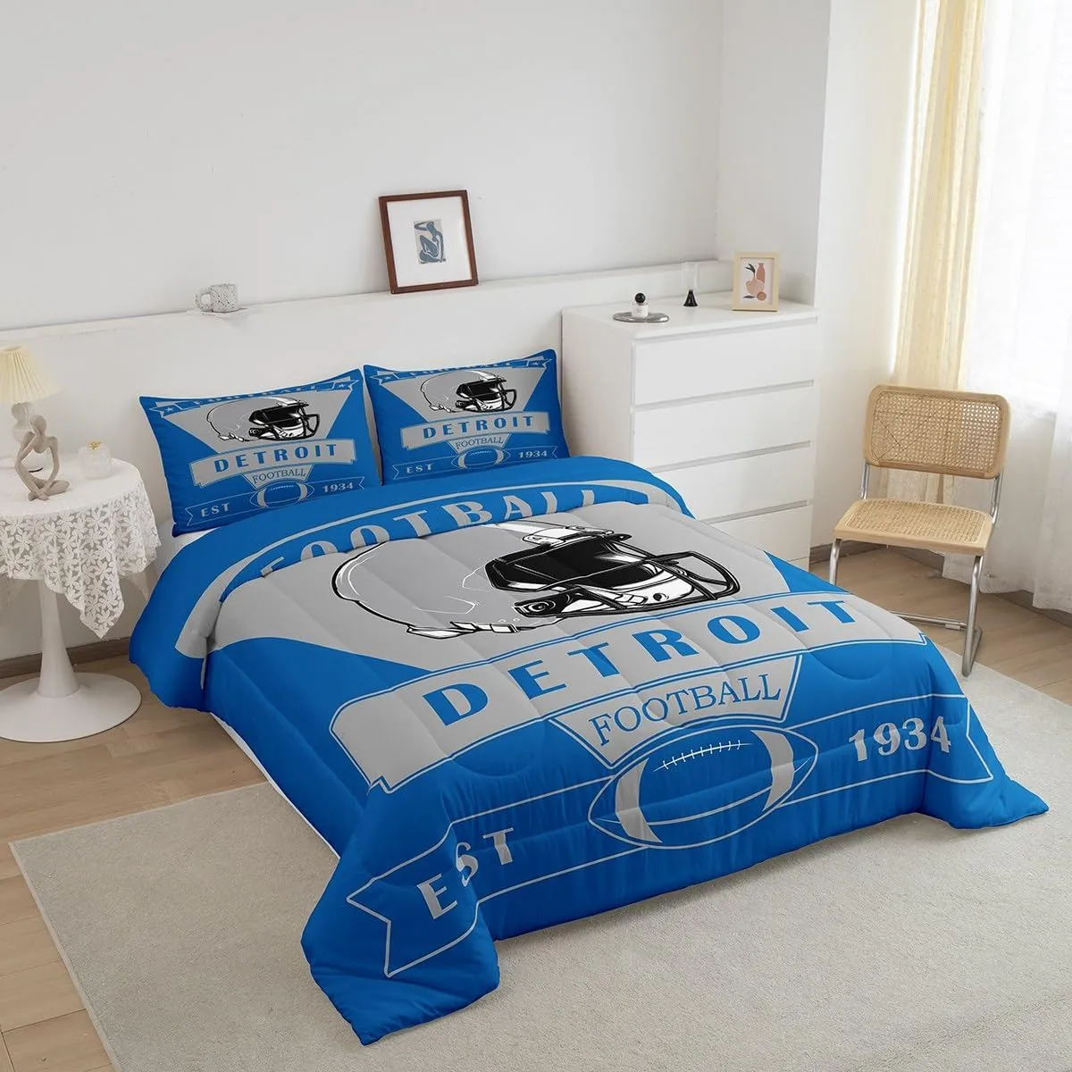 Feelyou Football Comforter Set,American Football City Detroit Bedding Set Twin Size for Boys Girls,Football Fans Gifts Comforter,Blue Grey Quilt Set
