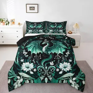 Feelyou Kids Dragon Comforter Set Full Size, Green Dragon Bedding Set Dragon Lovers Comforter for Kids Boys Girls Boho Duvet Insert Room Decor 3Pcs