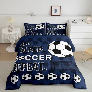 Feelyou Kids Football Printed Comforter Set Queen Size Blue Eat Sleep Soccer Ball Decorative Bedding Set for Boys Teens Sports Theme Comforter Ball Gamer Quilt Set All Season 2 Pillowcases