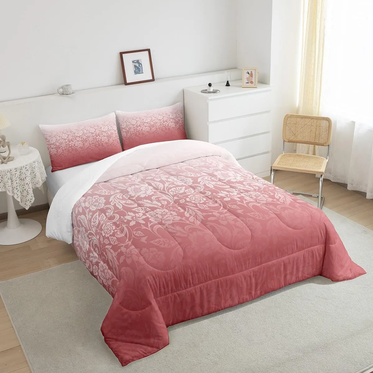 Feelyou Ombre Comforter Set Full Size Kids Botanical Floral Printed Comforter for Boys Girls Teens Pink Ombre Effects Bedding Set Modern Duvet Set Abstract Art Design Quilt