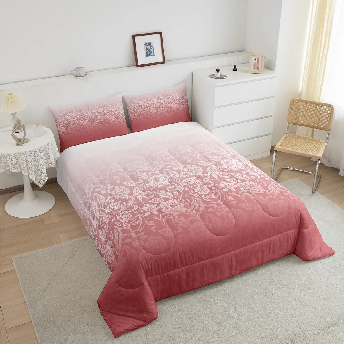 Feelyou Ombre Comforter Set Full Size Kids Botanical Floral Printed Comforter for Boys Girls Teens Pink Ombre Effects Bedding Set Modern Duvet Set Abstract Art Design Quilt
