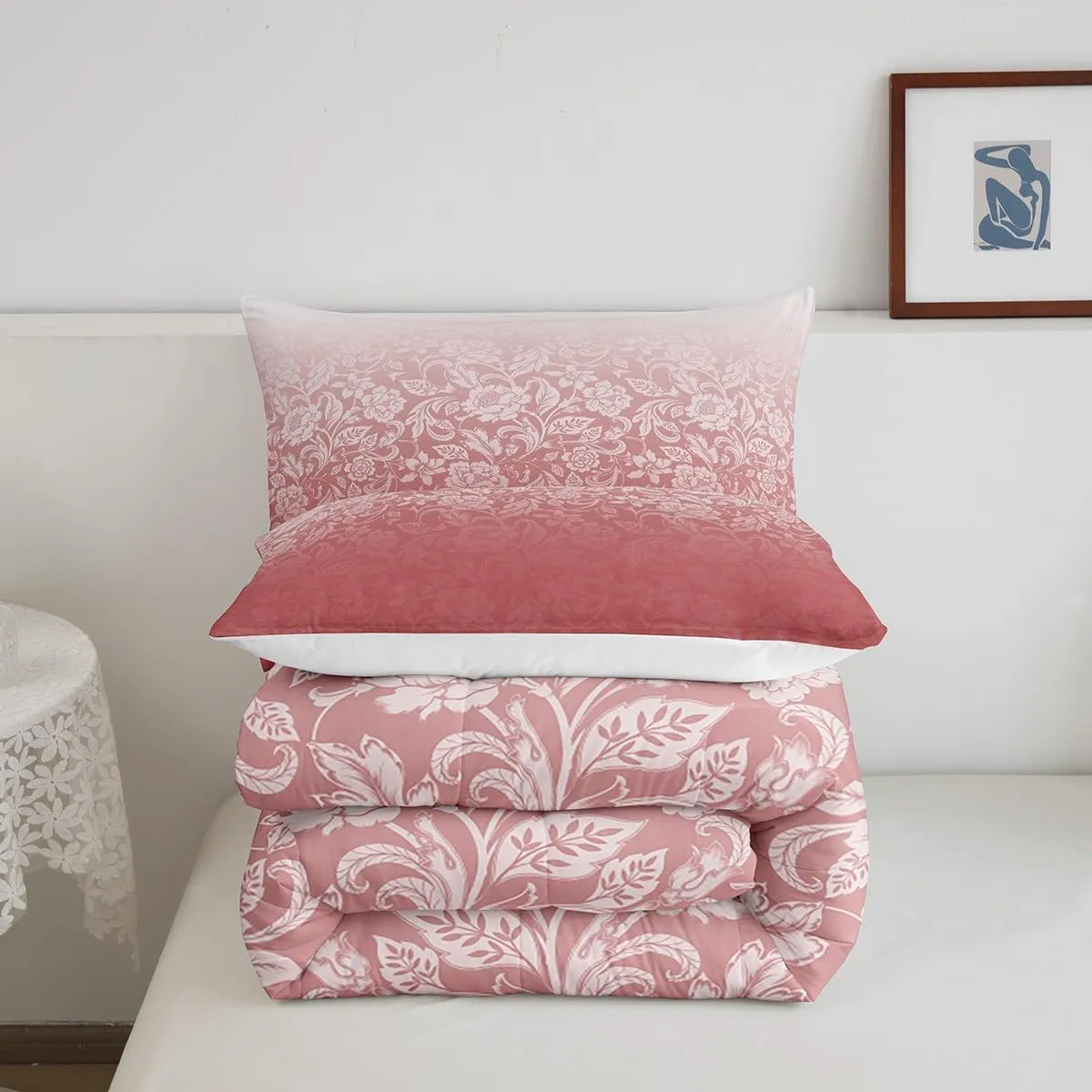 Feelyou Ombre Comforter Set Full Size Kids Botanical Floral Printed Comforter for Boys Girls Teens Pink Ombre Effects Bedding Set Modern Duvet Set Abstract Art Design Quilt