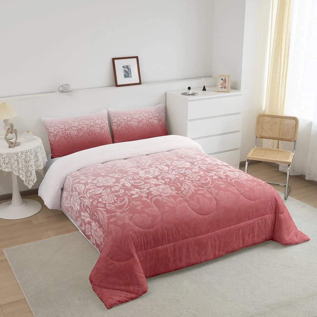Feelyou Ombre Comforter Set Full Size Kids Botanical Floral Printed Comforter for Boys Girls Teens Pink Ombre Effects Bedding Set Modern Duvet Set Abstract Art Design Quilt