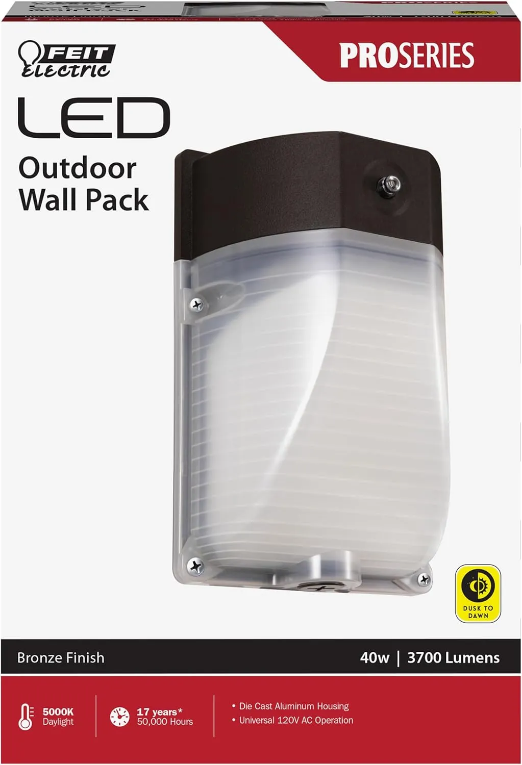 Feit Electric 40W LED Outdoor Wall Pack Lights with Photocell, Dusk to Dawn, Wall Mounted Security Light, 120V, 80 CRI, 3700 Lumens, 5000k Daylight, Bronze, 4 Pack, S8WPK/850/DD/BZ/4