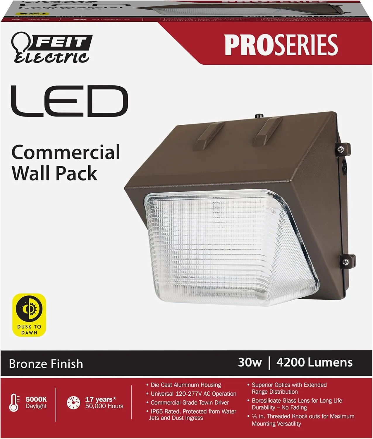 Feit Electric LED Wall Pack 30W, Outdoor Wallpack with Photocell, Dusk to Dawn, 4200 Lumens, 5000k Daylight, 50000 Hour Life, 120-277V, Pro Series, 2-Pack, S8.5CWPK/850/BZ/2