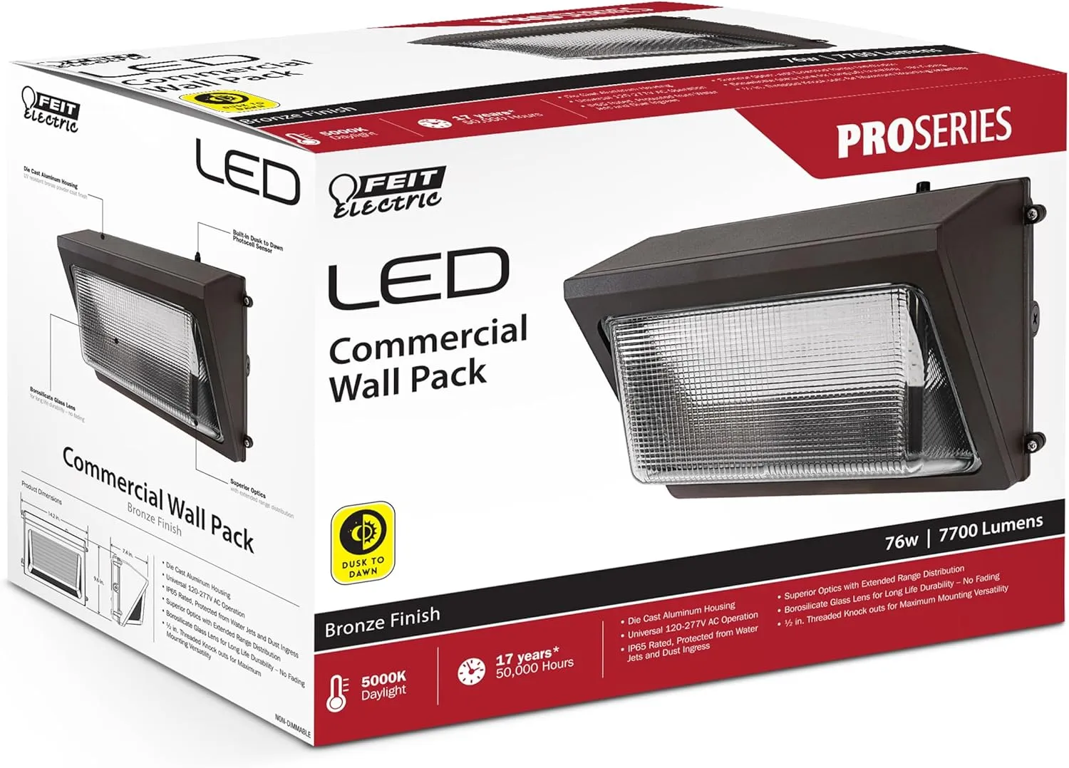 Feit Electric LED Wall Pack 76W, Outdoor Wallpack with Photocell, Dusk to Dawn, 7700 Lumens, 5000k Daylight, 50000 Hour Life, 120-277V, Pro Series, 2-Pack, S15CWPK/850/BZ/2
