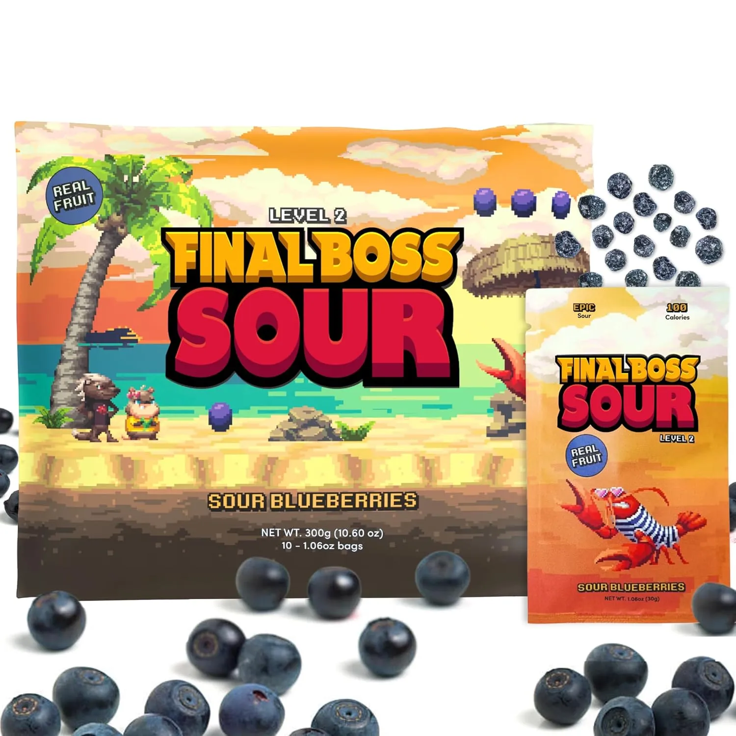 Final Boss Sour Candy, Extremely Super Sour Gummy Candy, Blueberry, LvL 2, (1.06 Ounces Bags, 10 Bags) - Gummies Made with Dried Fruit, Free of Artificial Colors, Low Calorie Healthy Snack for Kids & Adults