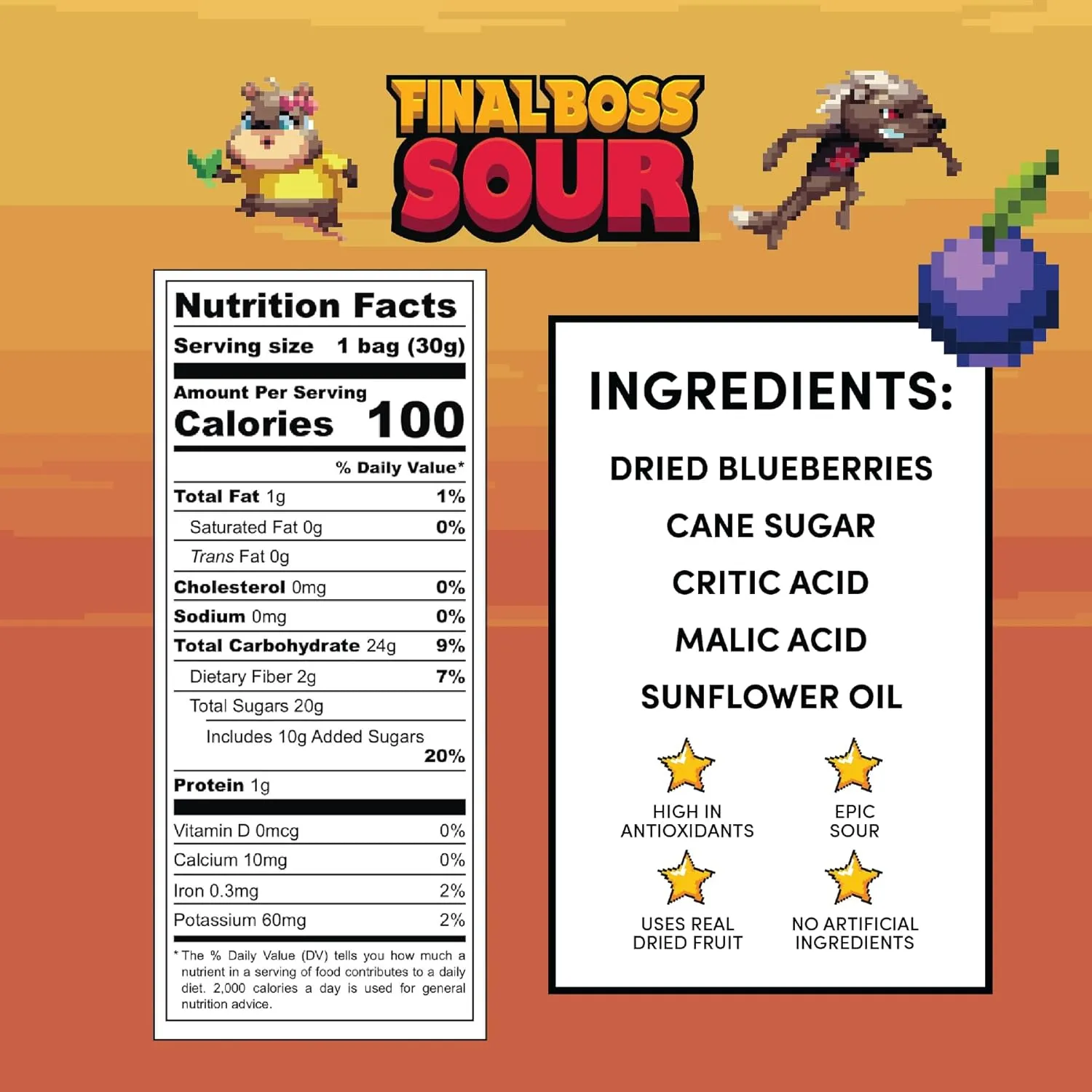 Final Boss Sour Candy, Extremely Super Sour Gummy Candy, Blueberry, LvL 2, (1.06 Ounces Bags, 10 Bags) - Gummies Made with Dried Fruit, Free of Artificial Colors, Low Calorie Healthy Snack for Kids & Adults