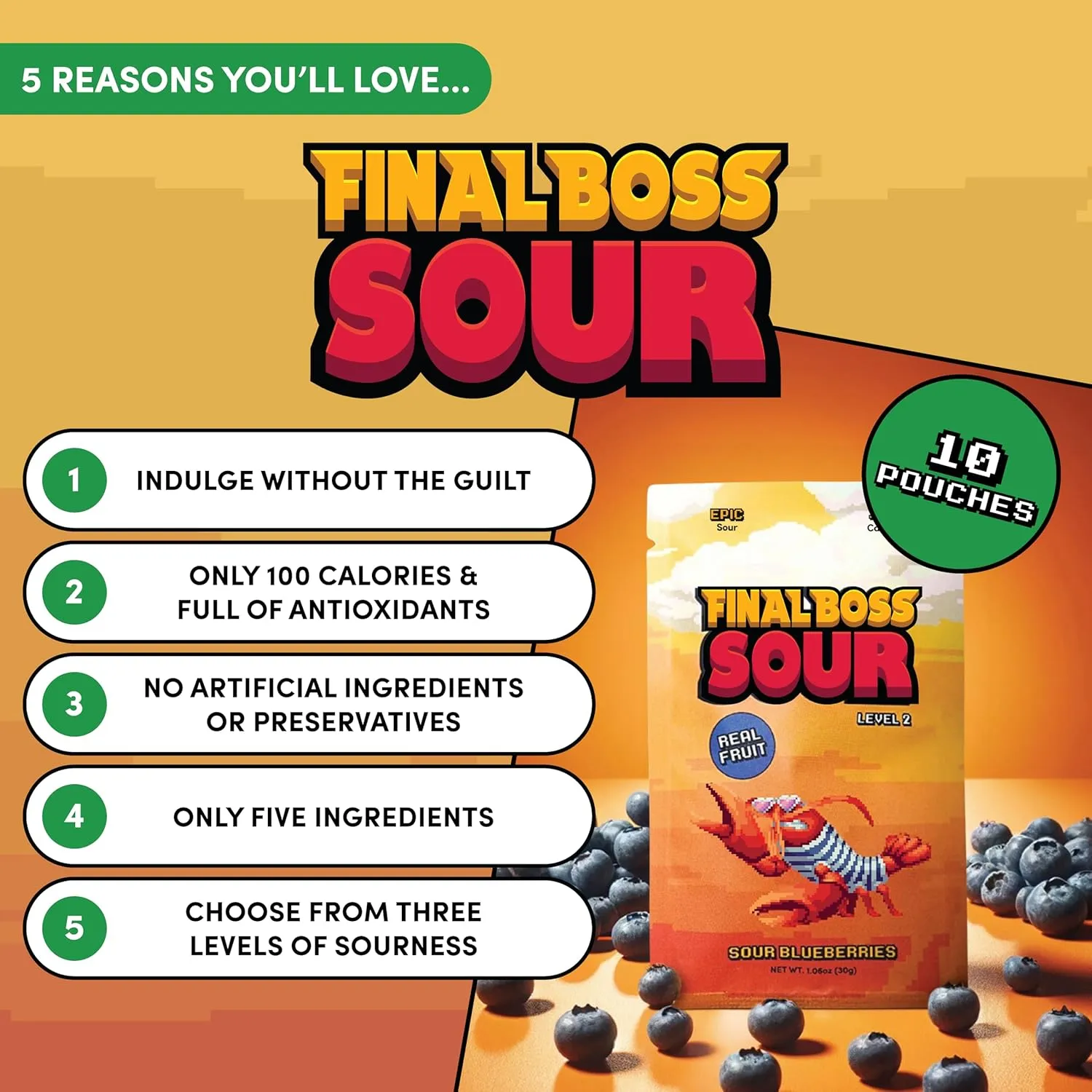 Final Boss Sour Candy, Extremely Super Sour Gummy Candy, Blueberry, LvL 2, (1.06 Ounces Bags, 10 Bags) - Gummies Made with Dried Fruit, Free of Artificial Colors, Low Calorie Healthy Snack for Kids & Adults