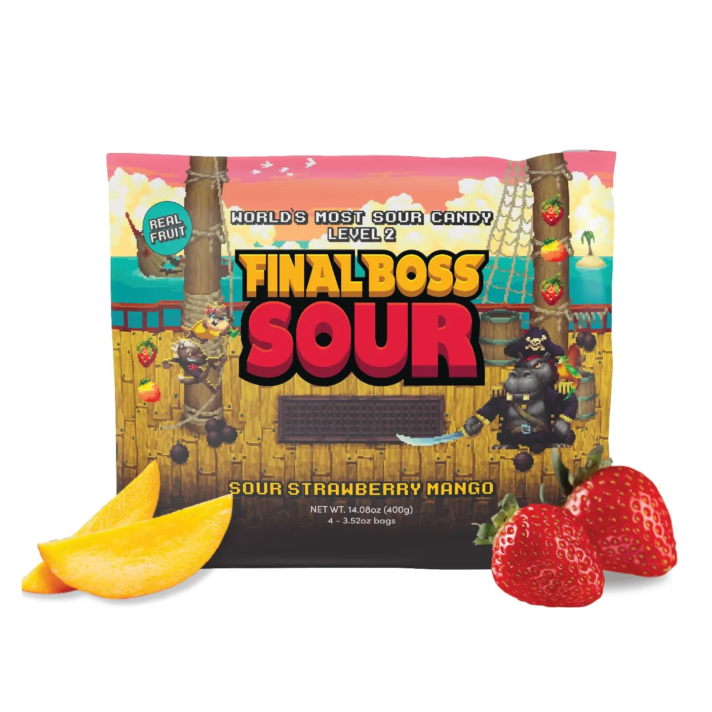 Final Boss Sour Candy, Extremely Super Sour Gummy Candy, Chewy Dried Strawberry & Mango, Level 2, (3.52 Ounces Bags, 4 Bags) - Natural Chewy Gummies Made with Dried Fruit, Free of Artificial Colors, Low Calorie Healthy Snack for Kids & Adults
