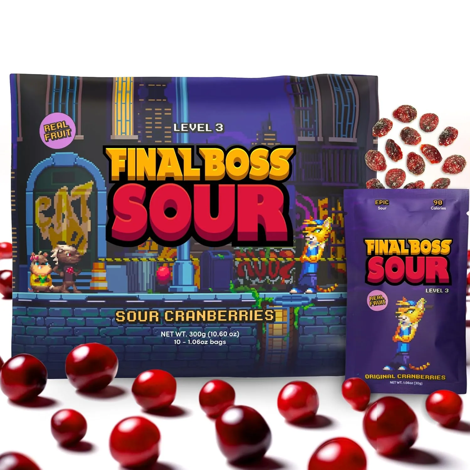Final Boss Sour Candy, Extremely Super Sour Gummy Candy, Cranberry, LvL 3, (1.06 Ounces Bags, 10 Bags) - Gummies Made with Dried Fruit, Free of Artificial Colors, Low Calorie Healthy Snack for Kids & Adults
