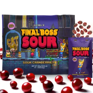 Final Boss Sour Candy, Extremely Super Sour Gummy Candy, Cranberry, LvL 3, (1.06 Ounces Bags, 10 Bags) - Gummies Made with Dried Fruit, Free of Artificial Colors, Low Calorie Healthy Snack for Kids & Adults