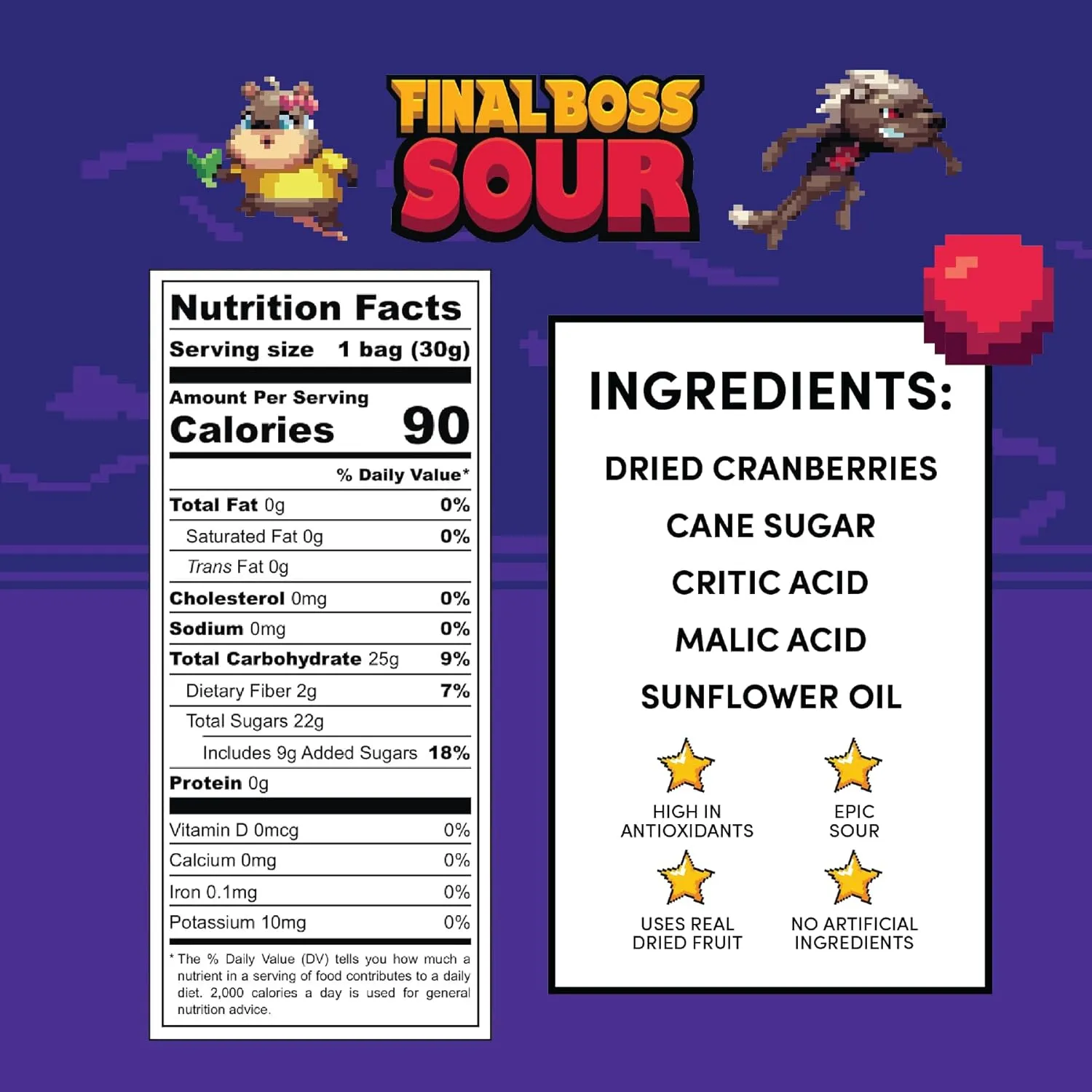 Final Boss Sour Candy, Extremely Super Sour Gummy Candy, Cranberry, LvL 3, (1.06 Ounces Bags, 10 Bags) - Gummies Made with Dried Fruit, Free of Artificial Colors, Low Calorie Healthy Snack for Kids & Adults