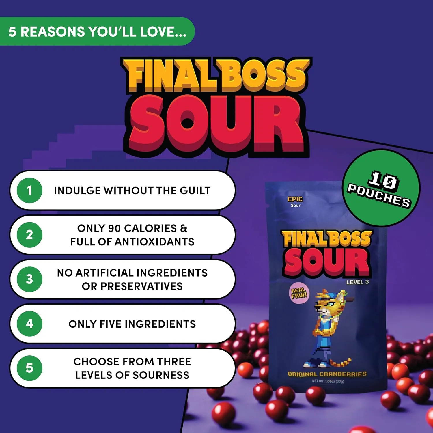 Final Boss Sour Candy, Extremely Super Sour Gummy Candy, Cranberry, LvL 3, (1.06 Ounces Bags, 10 Bags) - Gummies Made with Dried Fruit, Free of Artificial Colors, Low Calorie Healthy Snack for Kids & Adults