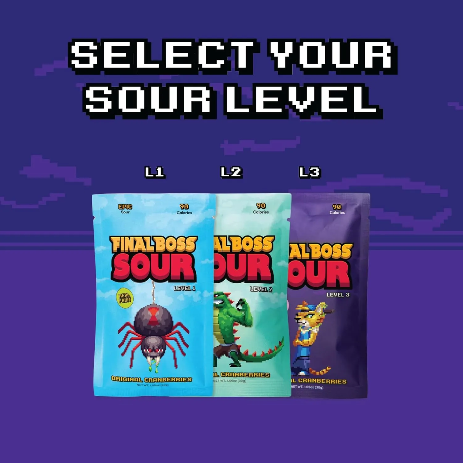 Final Boss Sour Candy, Extremely Super Sour Gummy Candy, Cranberry, LvL 3, (1.06 Ounces Bags, 10 Bags) - Gummies Made with Dried Fruit, Free of Artificial Colors, Low Calorie Healthy Snack for Kids & Adults