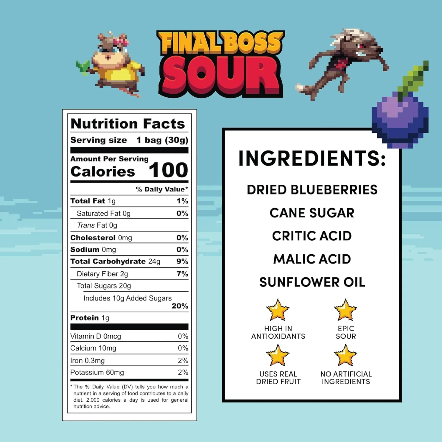 Final Boss Sour Candy, Extremely Super Sour Gummy Candy, Natural Chewy Blueberry Gummies Made with Dried Fruit, Free of Artificial Colors, Low Calorie Healthy Snack for Kids & Adults, (1.06 Ounce Bags, Pack of 10 Bags) (LvL 1 Sourness)
